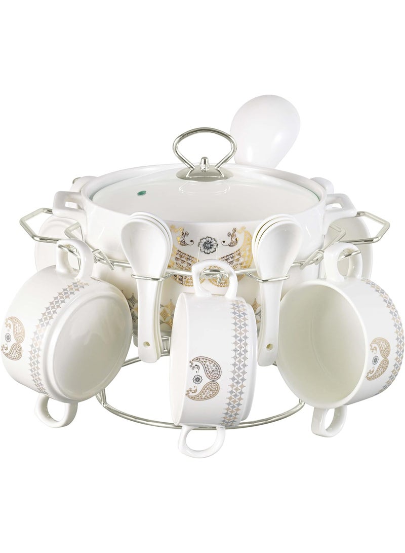 Orchid Porcelain 16-Piece Soup Set with Serving Pot, Soup Bowls, Spoons & Tealight Warmer Metal Stand, Ceramic Soup Tureen Set for Dining, Dinnerware Serving Soup Set, Tableware Set - Image 1